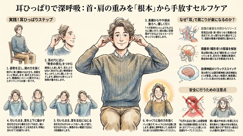 耳を引っ張りながら首肩を調節する